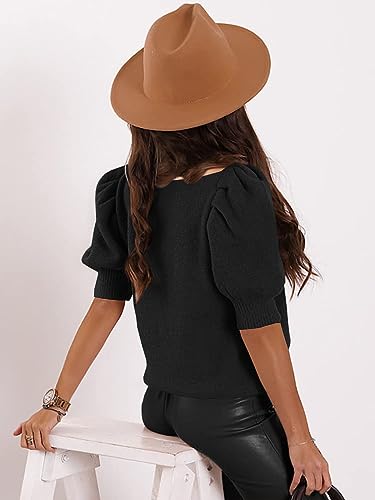 Image of Womens Puff Short Sleeve Sweater Tops Square Neck Casual Knit Pullover