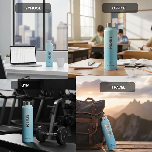 Image of Speedex Customised Engraved Name Stainless Steel Water Bottle 1 Ltr - Personalised Screw Cap Bottle for Kids, Men & Women, School, Office, Gym, Dual Blue, Set of 1