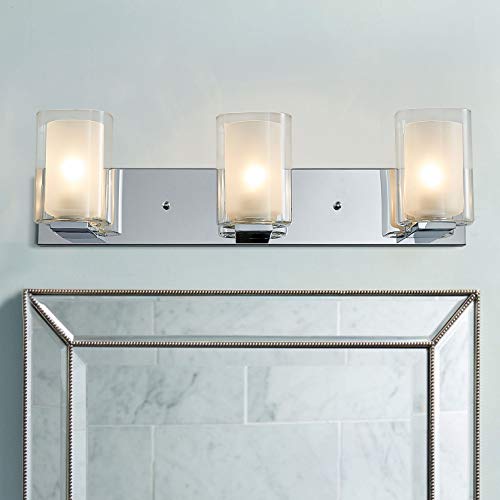 Bestier Modern Bath Bathroom Vanity Wall Mounted Light 3-Light Dual Glass Shade Chrome Wall Sconce 3 E26 LED Bulbs Required Length 23.6 inch Width 5.9 inch Height 6.7 inch