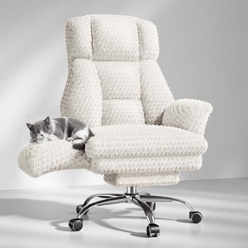 Image of HOMRELEXA Big and Tall Office Chair, Flip Armrests for Pets & Cross Legged Sitting, Executive Ergonomic Computer Gaming Chair with Foot Rest, White Rose Velvet Wide Seat Reclining Desk Chair
