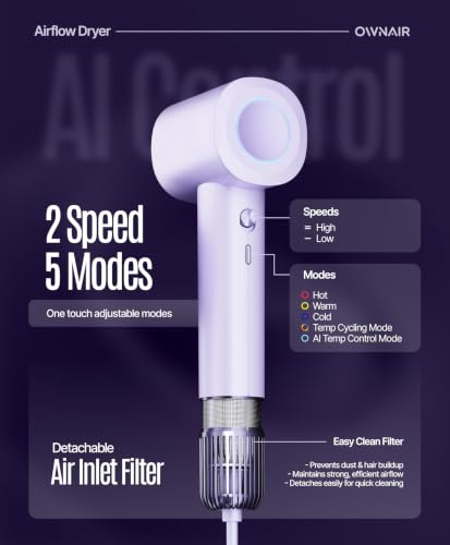 Image of OWNAIR Hair Dryer for Women - AI High Speed Professional Ionic Blow Dryer with Smart Temperature Control, Fast-Drying Airflow, Lightweight Low-Noise Salon Hair Dryer for Frizz-Free Styling (Purple) (Blue)