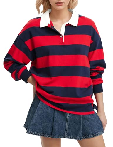Women Long Sleeve Striped Polo Shirt Oversized Collar Y2k Pullover T Shirt Casual Loose Streetwear Rugby Sweatshirt