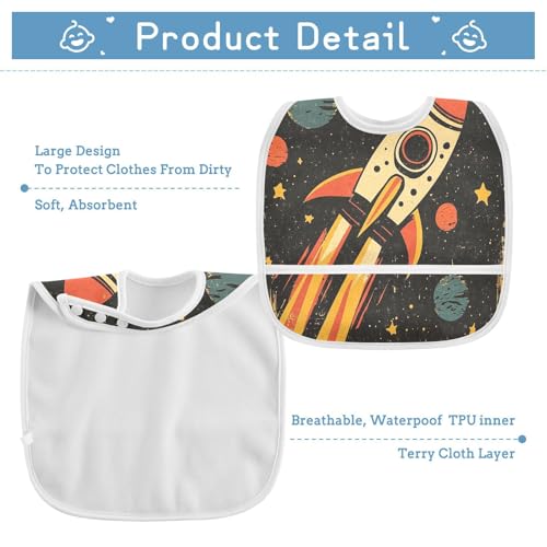 MCHIVER Spaceship Planets Black Baby Bibs for tag1 Waterproof Feeding Bib Apron with Food Cather Adjustable Cotton Food Eating Bib 2 Pack3