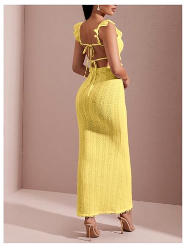 Image of SOLY HUX Women's Maxi Dress Crochet Ruffle Sleeveless Backless Bodycon Long Dresses