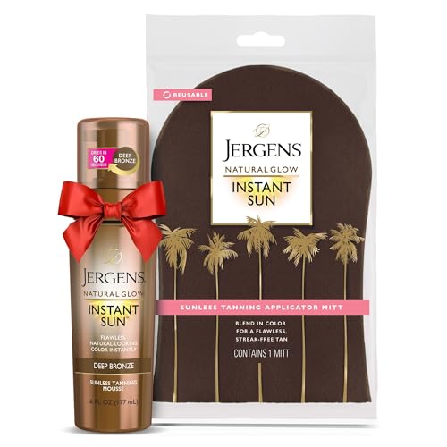 Jergens Natural Glow Instant Sun Bundle: Deep Bronze Sunless Tanning Mousse, 6oz Bottle and Applicator Mitt