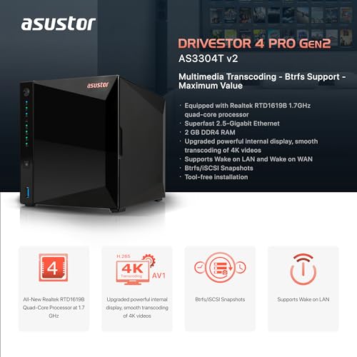 Image of Asustor Drivestor 4 Pro Gen2 AS3304T v2, 4 Bay NAS, 1.7GHz Quad-Core, 2GB RAM DDR4, 2.5GbE High-Speed Network, Personal Media Server, Best Value Home Cloud, Network Attached Storage(Diskless)
