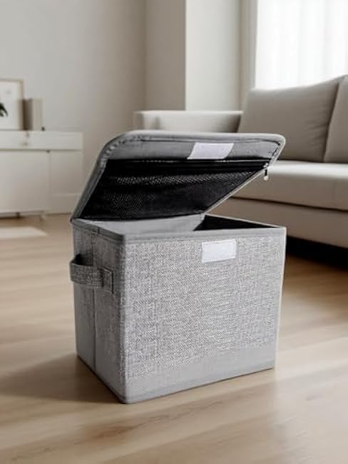 Small Storage Box, Storage Basket with Lid, Foldable Cotton Linen Fabric Keepsake Box, Organizer Container with Zipper for Decorative, Medicine, Greeting Card Organizer.(Gray)