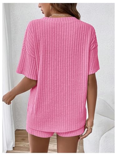 Image of MakeMeChic Women's Maternity 2 Piece Outfits Summer Short Sleeve Rib Knit Tee Top and Short Lounge Sets Clothes