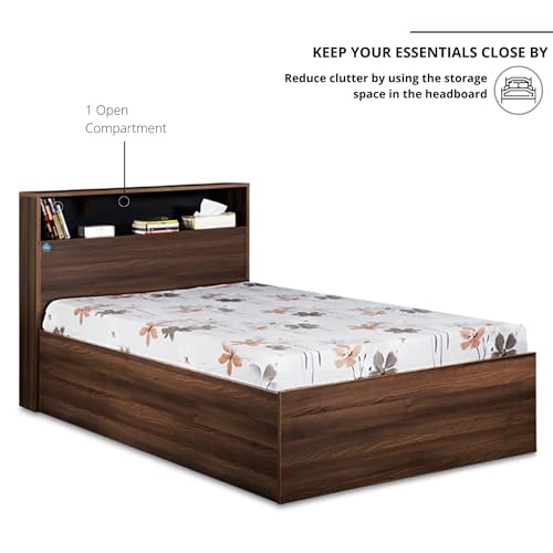 Image of DELITE KOM | 1 Year Warranty | Single Bed, Urban Engineered Wood Bed with Box Storage & with Headboard Shelf Storage, Wooden Bed (83x37 Inches) | Installation Included | Color - Acacia Dark