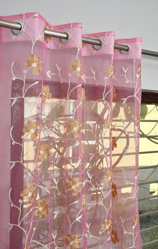 Image of Homefab India Embroidery Floral Net Transparent Sheer Curtain - 9X4 Feet, Long Door Curtains, Pink, Pack of 1 Pc