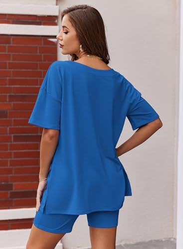 Image of Ekouaer Womens 2 Piece Lounge Set Oversized V Neck Top Biker Short Pajamas | Breathable, Elastic Waist, Reversible Top, Soft Loungewear, Casual Daily Workout, Summer Outfits
