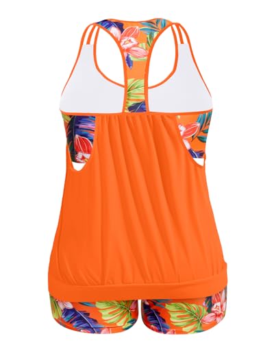 Image of Womens Plus Size Tankini Swimsuit Two Piece Tummy Control Bathing Suit | Blouson Racerback Tankini Top with Shorts, Double Up Design, Removable Pad