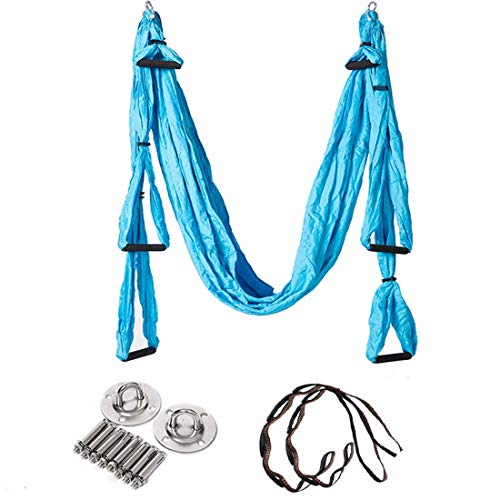Funytine Aerial Yoga Hammock Indoor And Outdoor Accessories Non-stretching Fitness Swing Full Set with Extension Rope Stainless Steel Hanging Plate (Color : Double spell blue)