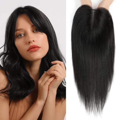 Image of Wynk Mavens natural black hair topper with 5 clips attached for natural and comfortable look