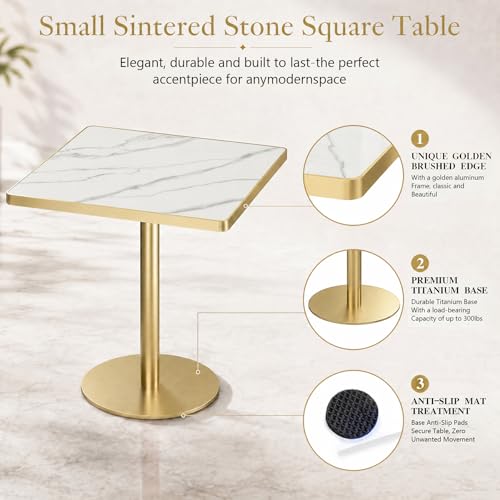 Image of 63 inch Square Dining Table, Tulip Table with 1.2 inch Thick Sintered Stone Tabletop and Golden Metal Pedestal Base, Small Square Dining Tables for Diner,Bar,Restaurant,kitchen,Bakery,Apartment (Marble White)