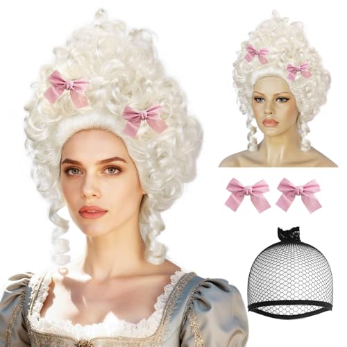 IMEYLE Platinum Blonde with 2 Bow Clips Colonial Victorian Wigs for Women Fluffy Baroque Renaissance Vintage Wig Rococo Wig Costume Outfit for Halloween Cosplay Party + Hair Cap