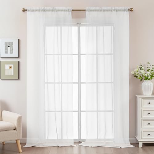 Image of White Sheer Curtains 96 Inches Long, Privacy Semi Sheer Curtains for Living Room Bedroom, Light Filtering Rod Pocket Voile Window Drapes 2 Panels Set, Each 42 inch W x 96 inch L