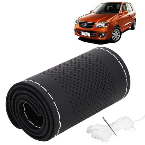 Image of KINGSWAY PU Leatherite Car Steering Cover Sewable Compatible with Maruti Suzuki Alto K10 (Year 2010-2014), Black Color with Silver Thread, Pack of 1 with Sewing Needle and Thread
