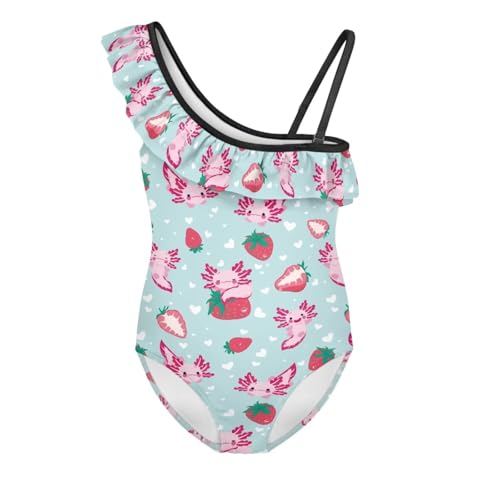 Image of WELLFLYHOM Axolotl Girls One Piece Swimsuits 3-14 Ruffle One Shoulder Bathing Suits Full Coverage Beachwear