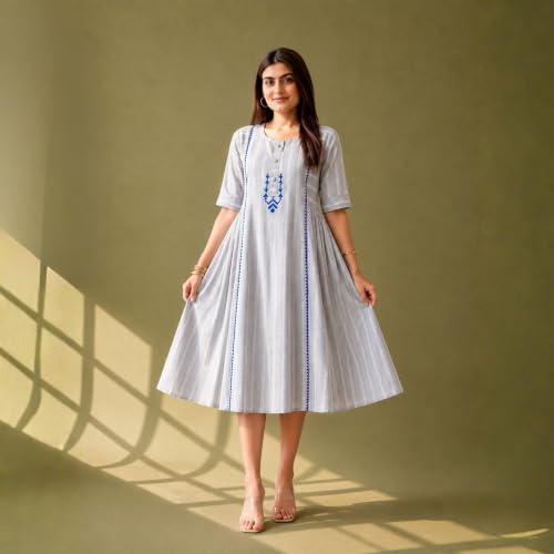 Image of Women's Grey Striped Cotton Midi Dress | Round Neck | Hand Block Print, Button Detailing, Half Sleeves | A-Line Casual One Piece Frock