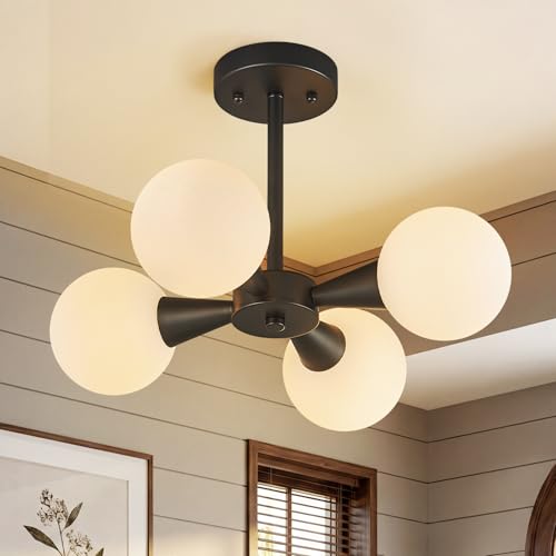 Image of Modern Ceiling Light with Milk White Glass lampshade Black Semi Flush Mount Ceiling Light Fixture Sputnik Chandelier for Bedroom Living Room Dining Room Foyer Hallway(4-Lights)