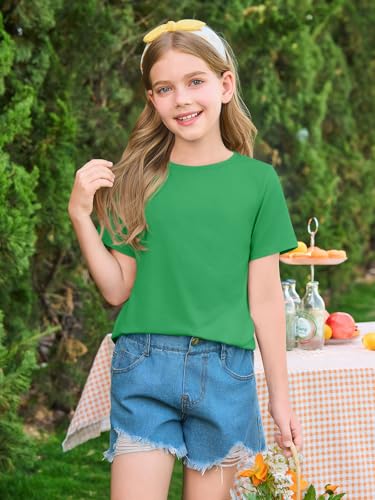 Image of Haloumoning Girls Summer Short Sleeve Shirt Kids Crewneck Curve Hem Soft Tunic Tops T-Shirts 5-14 Years
