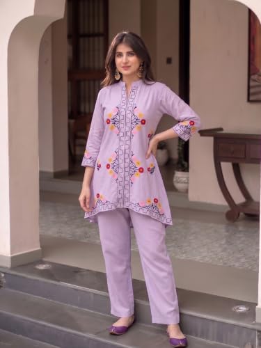 Image of ANNI Designer Women Kurta Set | Cotton Embroidered A-Line Kurta with Pant Co-ord Set | 3 /4 Sleeve Mandarin Collar Kurti Set for Women | Daily Office Party Wedding Ethnic Suit