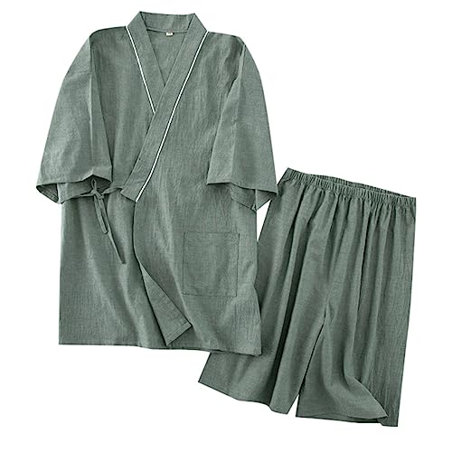 Generisch Traje informal de algodón y lino de talla grande para hombre, camisa holgada, pantalones cortos, juego de 2 piezas, kimono, traje de casa de un solo color, pijama fino, camiseta de verano y