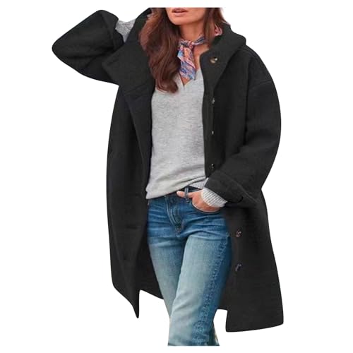 FUPODD Wintermantel Damen Lang Wolle Kapuzenjacke Mit Knöpfen Wollmantel Damen Winter Winterjacke Warm Mantel Mit Kapuze Damenmantel Oversized Trenchcoat Winddicht Wolljacke...
