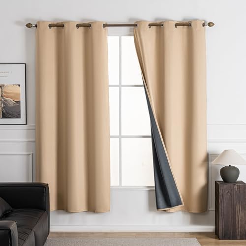 NANPIPER 100% Blackout Curtains for Bedroom 54 Inch Length 2 Panels Set, Solid Thermal Insulated Energy Saving Window Treatment Curtains Grommet Top Drapes, W38 x L54 Inches, Beige