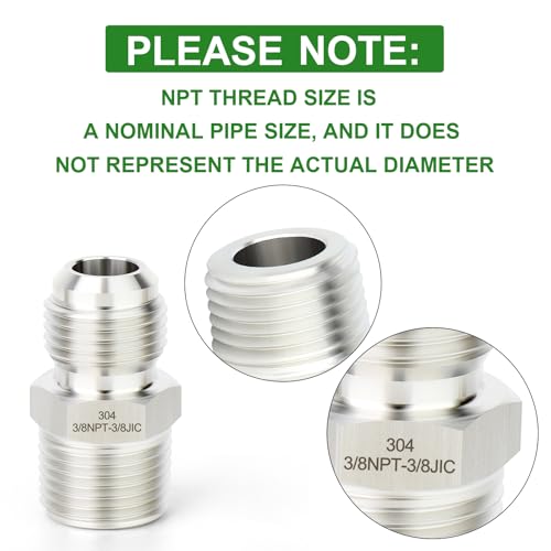 Image of TAISHER 2PCS Forging of 304 Stainless Steel JIC Flare Tube Fittings,3 /8 inch JIC Male x 3 /8 inch NPT Male, Half Union