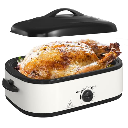 14 Quart Electric Roaster Oven with Self-Basting Lid, Stainless Steel Turkey Roaster Oven with Rack, Removable Pan, Cool-Touch Handles, Easy to Clean, White