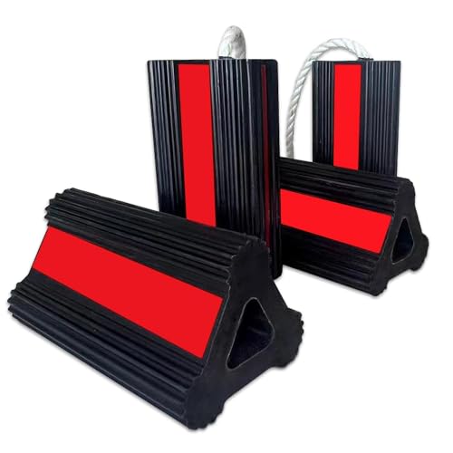 Vacallity Wheel Chocks for Travel Trailers Camper RV Truck Car, Solid Rubber Sturdiness Heavy Duty Simple Easy to use, Tires Chock Block Stopper with Nylon Rope Red Reflective Tape