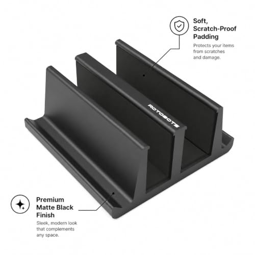 Image of 2-Slot Vertical Laptop Holder with Scratch-Proof Cushioning - Heavy-Duty Multi-Device Holder for All Macbooks and Gaming Laptops, Tablets, mobiles and Keyboards (Plastic Matte Black Finish)