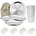 AllEco® Juego de 4 platos de acero inoxidable de 20 cm de diámetro para picnic y camping para 4 personas platos de metal de acero accesorios para camping (4 platos + 4 vasos + 4 juegos de cubiertos)