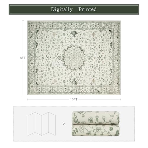 Washable Rugs 8x10 Area Rugs for Living Room,Rugs for Bedroom,Large Carpets,Ultra Soft Faux Wool Retro Dining Room Rug,Non Slip&Non-Shedding Low Pile Vintage Print Rug for Home Office-Green