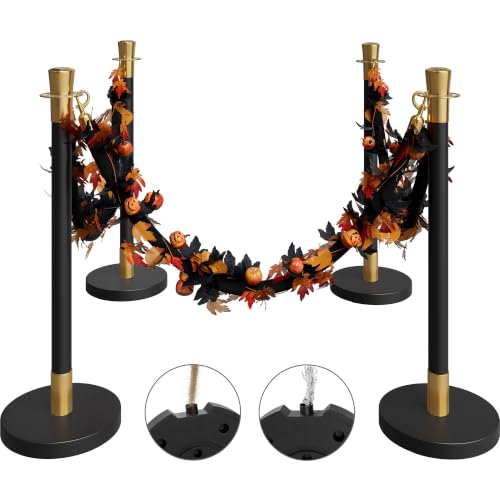 Image of 4 Pack Halloween Black&Gold Stanchions and Velvet Ropes Set, Stainless Steel Crowd Control Barriers, 3Pcs Black Ropes and Poles for Party Supplies,Photobooth Accessories, Prom, Halloween Decorations