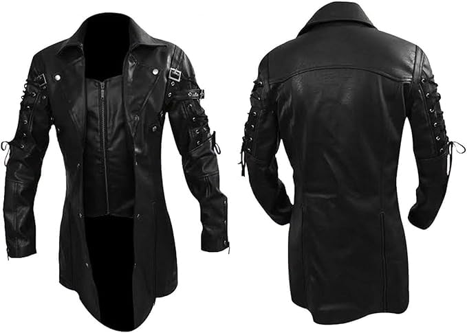 AREENO Men's Real Black Leather Goth Matrix Trench Coat Steampunk Gothic Jacket4