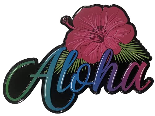 Aloha Designs - Aloha Hawaii Hibiscus Magnet with Colorful Embossed Letters | Decorative Hawaiian Decor with Island Vibe for Home, Office, Bar, Tiki Bar, Laua & Restaurant | Hawaii Magnet 5 x 4 inch