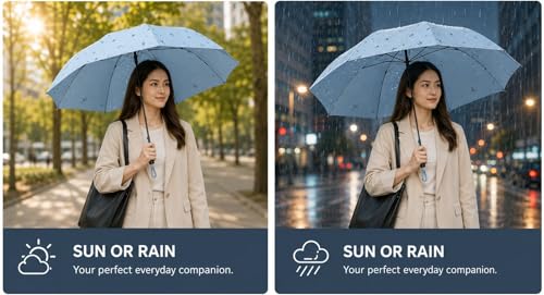 Image of Umbrella, Mini Folding Windproof & Compact UV Umbrella for Sun Protection Rain Windproof Strong Large 3 Fold for Women Handbags,3 Fold for Men Women, Stylish & Compact