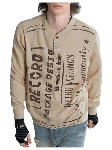 SHENHE Men's Letter Print Button Down V Neck Pullover Sweater Long Sleeve Streetwear Knit Top