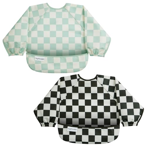 Image of Tiny Twinkle Long Sleeve Bib for Babies & Toddlers | 2-Pack Waterproof Smock Bib for Eating | Machine Washable & Mess-Proof Feeding Essentials | Newborn Shower Gift (Black,Sage Checkers, 6-24M)