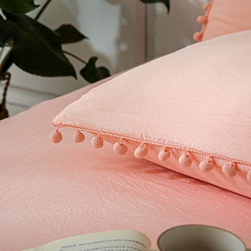 MOVE OVER Pink/Peach Pom Poms Pillow Case, Pink Standard Pillowcases Set of 2, 100% Washed Microfiber, Pink Girls Ball Fringe Pillow Shams, 2 Pack (Standard, Pink/Peach)