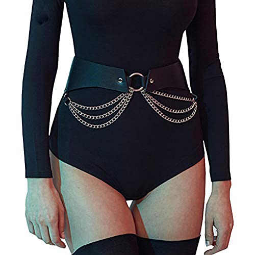 Women's Gothic Body Chain Belt Leather Punk Waist Belt with O-ring Metal Chain Tassel Adjustable Buckles(Black2), One Size2