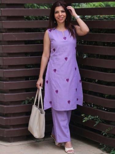 Image of ANNI Designer Kurta Set for Women Cotton Blend Embroidered | Kurti Set for Woman | Farshi Salwar Suit Kurta Palazzo Outfit | Round Neck V Slit Sleeveless Regular Fit Ethnic Dress Stylish Clothing