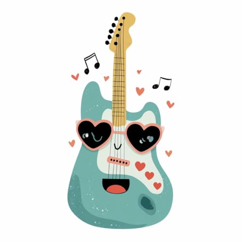 Image of Cute Smiling Guitar Wall Sticker | Cartoon Music Theme Self Adhesive Wall Decal for Ki-ds Room, Bedroom, Nursery & Playroom Decoration