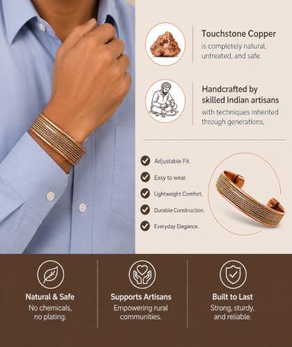 Image of Touchstone copper bracelets | gift for men women |adjustable 100% pure solid real magnetic jewelry | handmade bracelet set combo | rope braided tibetan bangles.