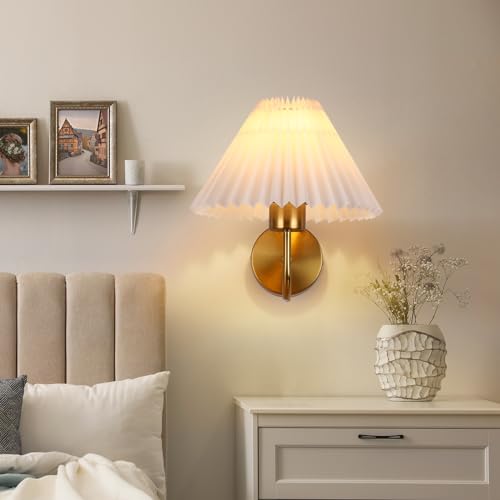 Image of Gold Wall Sconces Sets of 2, Indoor Wall Light Fixtures with Fabric Lampshade, Pleated Fabric Wall Lamp Dresser Hardwired Lamp Wall Lighting Fixture for Bedroom Living Room Porch Dining Room