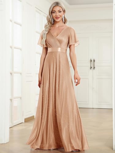 Image of Ever-Pretty Women's Summer Glitter Formal Dresses Evening Gown V Neck Short Sleeves Floor Length Mother of Bride Dress 50159