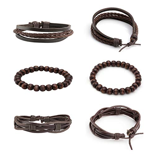 MILAKOO 10 Pcs Braided Leather Bracelet for Men Women Wooden Beaded Bracelets Wrap Adjustable - Thumbnail 2